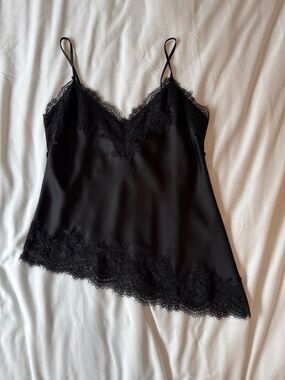 Dynamite Black Satin Cami with Lace Trim